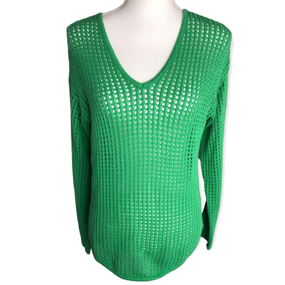 Jeanne Pierre V-Neck Techno Knit Cotton Fishnet Pullover Sweater